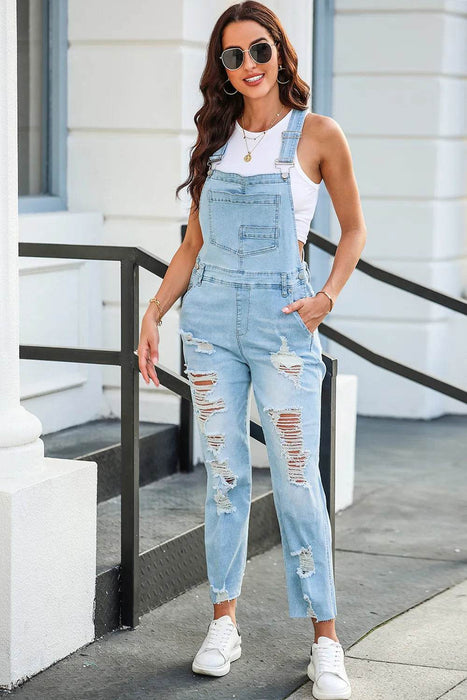 Distressed Denim Overalls with Pockets - Byyde