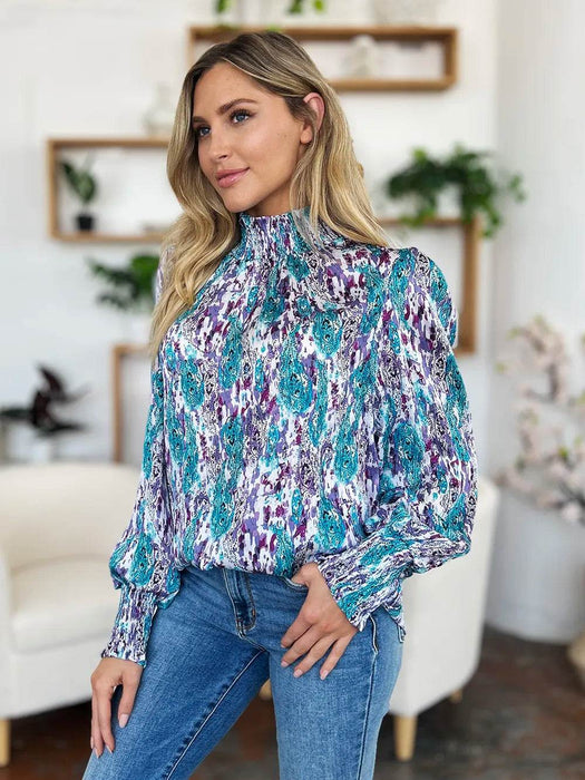 Double Take Full Size Printed Smocked Long Sleeve Blouse - Byyde