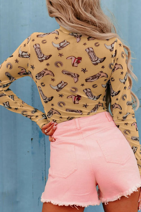 Printed Mock Neck Long Sleeve Bodysuit - Byyde