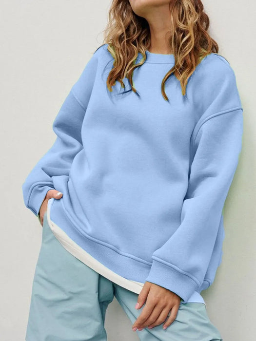 Round Neck Dropped Shoulder Long Sleeve Sweatshirt - Byyde