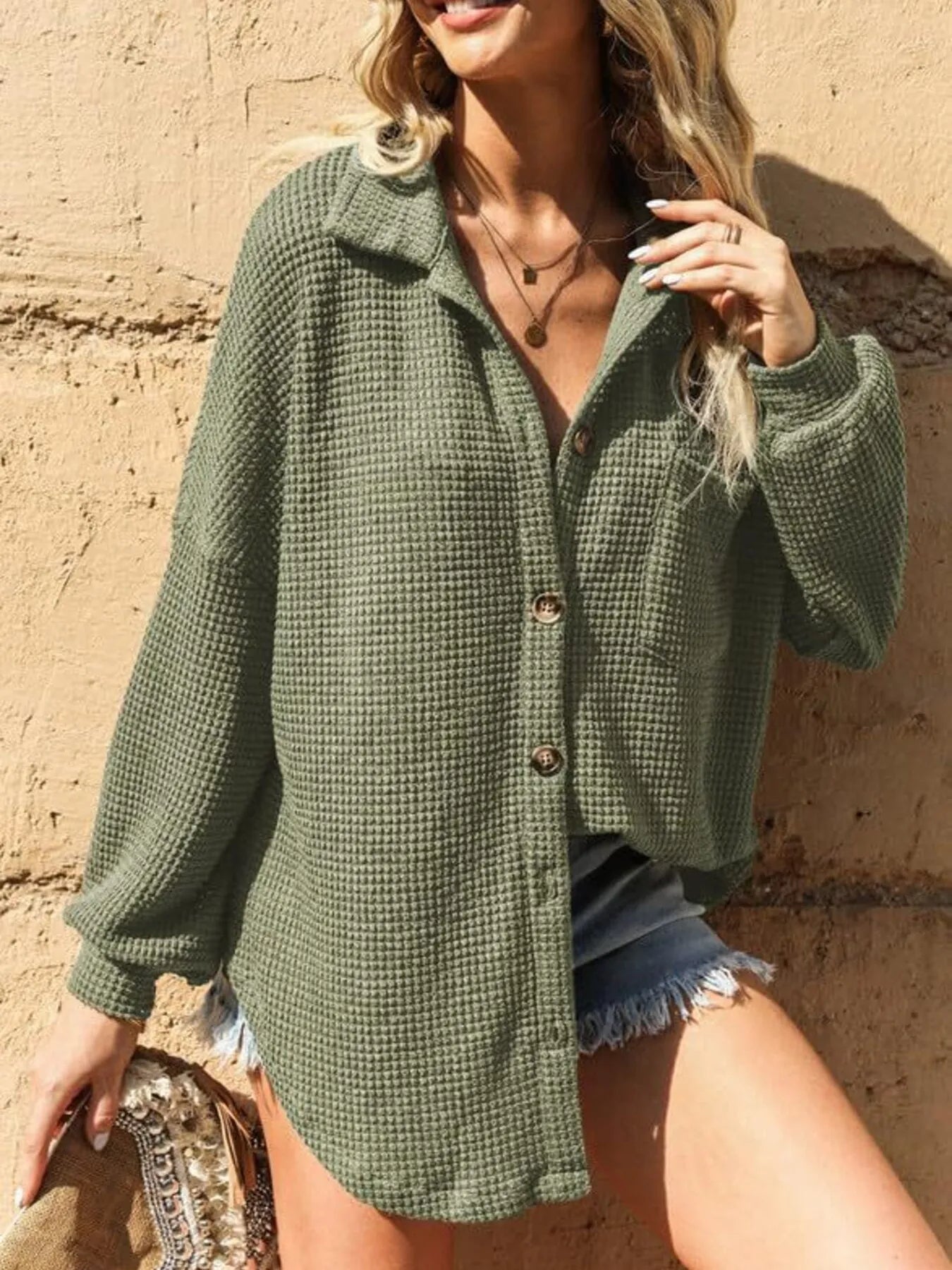 Waffle Knit Button-Down Shirt - Byyde