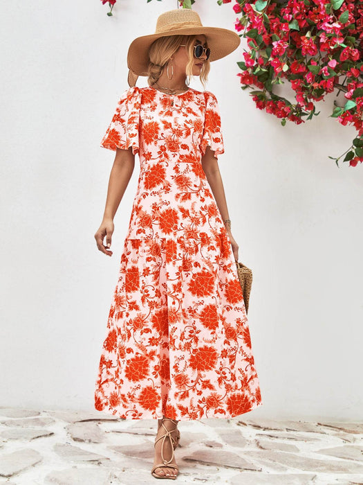 Floral Round Neck Tied Open Back Dress - Byyde