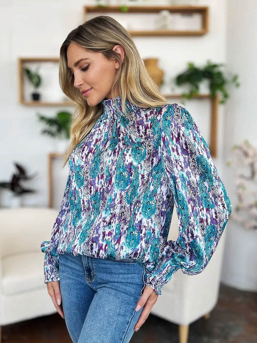 Double Take Full Size Printed Smocked Long Sleeve Blouse - Byyde