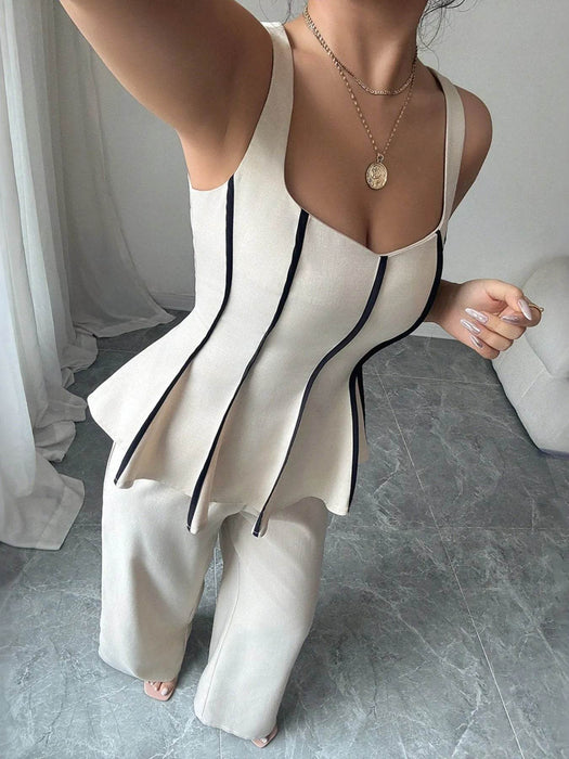Contrast Piping Top and Wide Leg Pants Set - Byyde