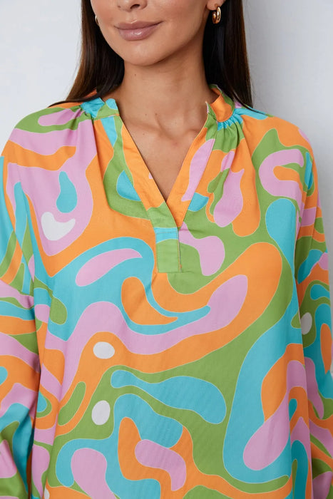 Printed Notched Long Sleeve Blouse - Byyde