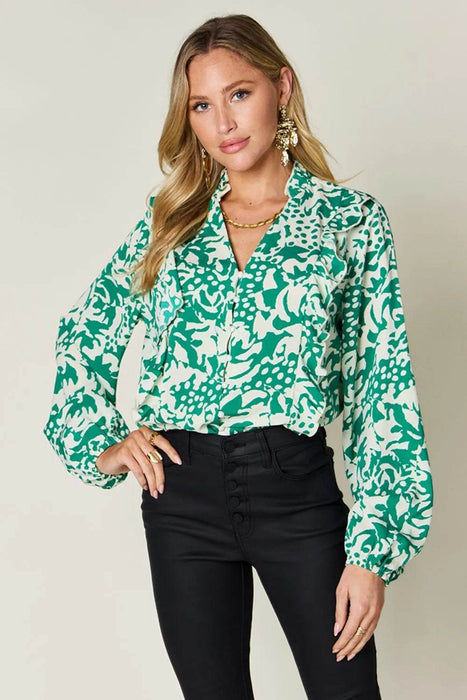 Double Take Full Size Printed Ruffle Trim Balloon Sleeve Shirt - Byyde