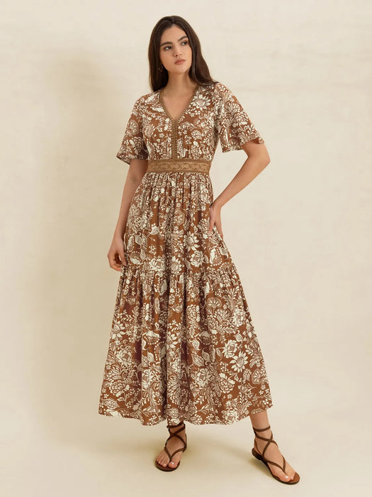 Lace Detail Printed Short Sleeve Midi Dress - Byyde