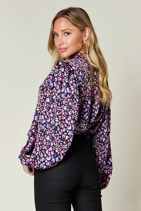 Double Take Full Size Printed Balloon Sleeve Shirt - Byyde