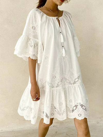 Eyelet Embroidered Tassel Tie Neck Dress - Byyde