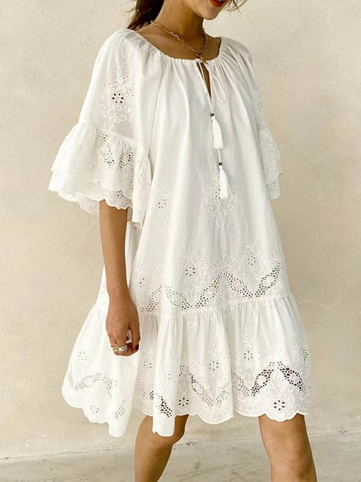 Eyelet Embroidered Tassel Tie Neck Dress - Byyde