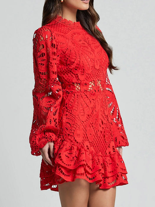 Lace Crochet Long Sleeve Mini Dress - Byyde