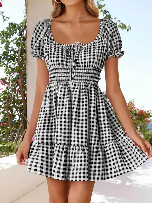 Gingham Smocked Puff Sleeve Summer Dress - Byyde
