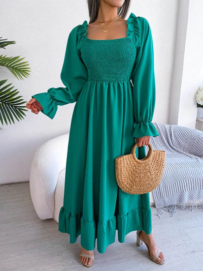 Smocked Square Neck Flounce Sleeve Dress - Byyde