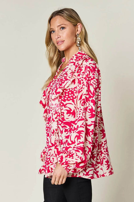 Double Take Full Size Printed Ruffle Trim Balloon Sleeve Shirt - Byyde