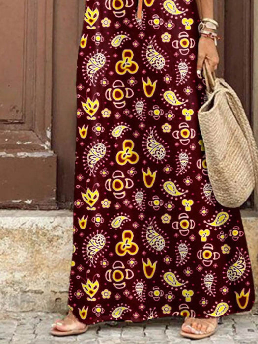 Full Size Printed V-Neck Short Sleeve Maxi Dress Plus Size - Byyde