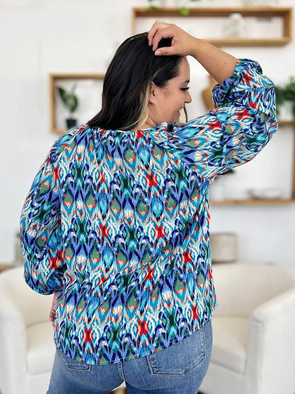 Double Take Full Size Printed Balloon Sleeve Blouse - Byyde