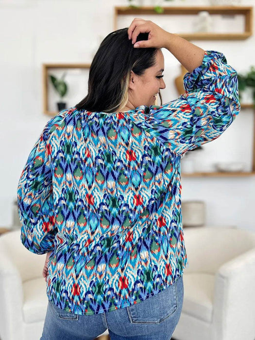 Double Take Full Size Printed Balloon Sleeve Blouse - Byyde