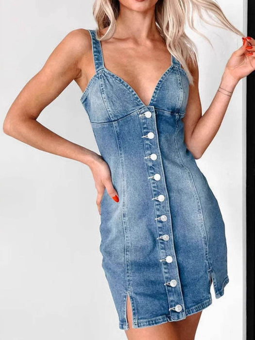 Button Front Sweetheart Neck Denim Mini Dress - Byyde