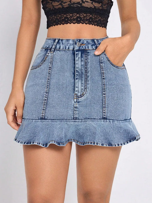 Ruffled Hem Denim Mini Skirt - Byyde
