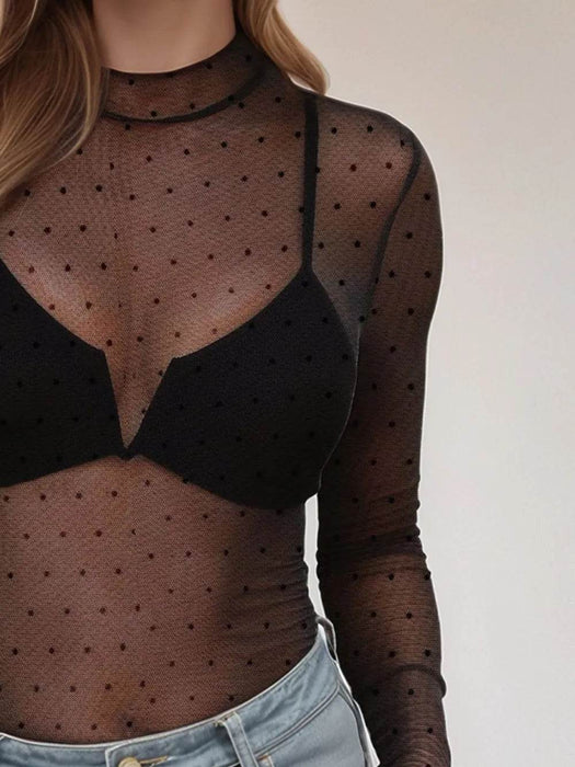 Floral Mock Neck Long Sleeve Mesh Top - Byyde