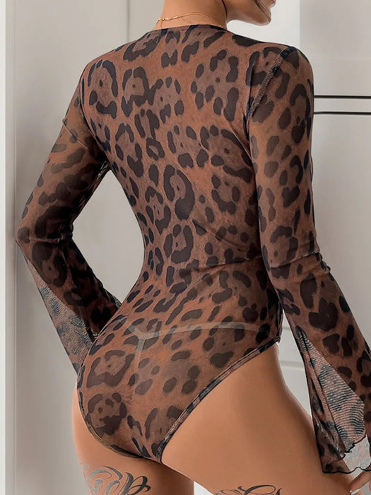 Perfee Leopard V-Neck Lace Bodysuit - Byyde