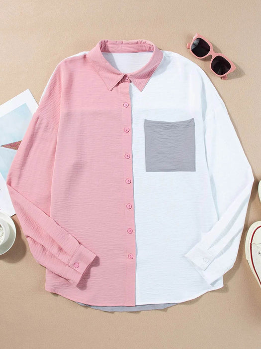 Color Block Oversized Button-Up Shirt with Chest Pocket - Byyde