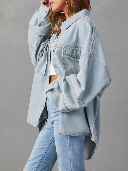Button Down Raw Hem Denim Jacket - Byyde