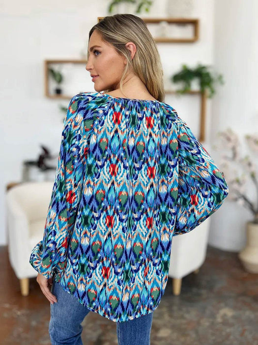 Double Take Full Size Printed Balloon Sleeve Blouse - Byyde