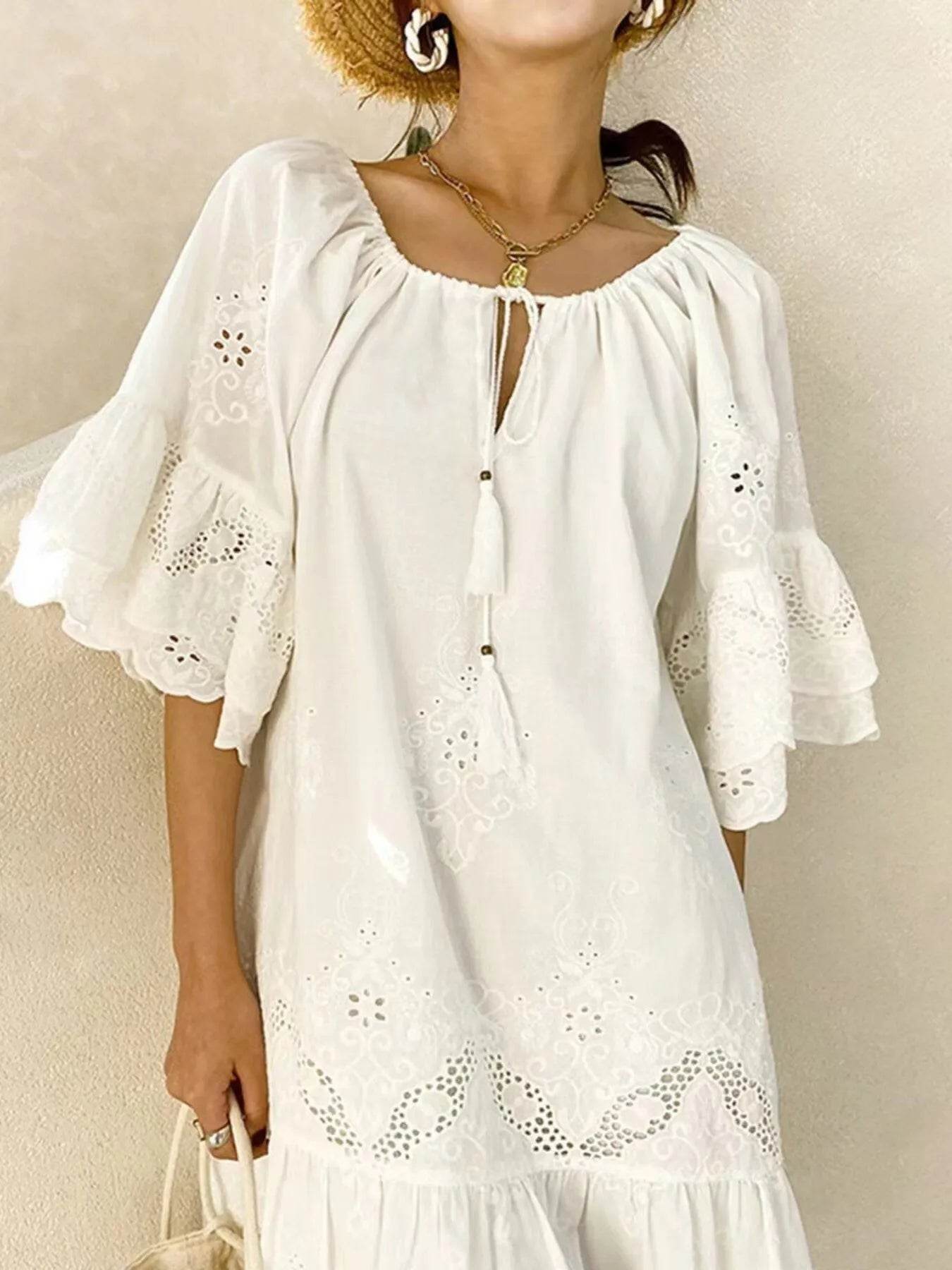 Eyelet Embroidered Tassel Tie Neck Dress - Byyde