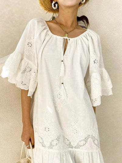 Eyelet Embroidered Tassel Tie Neck Dress - Byyde