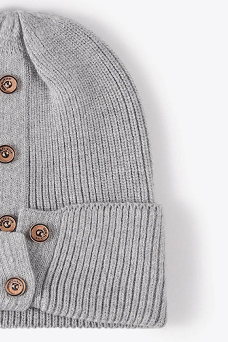 Button Detail Rib-Knit Cuff Beanie - Byyde