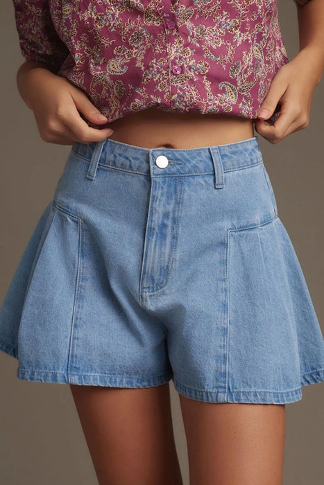 Pleated Patchwork Panel Lightweight Denim Shorts - Byyde