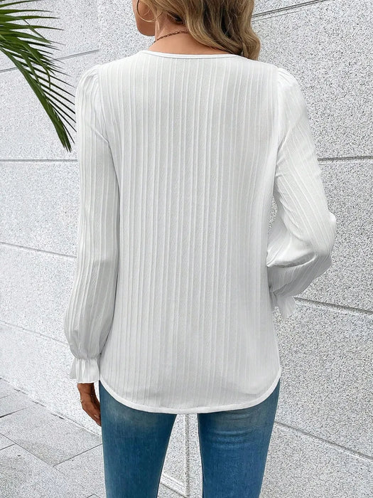 V-Neck Lace Detail Flounce Sleeve Blouse - Byyde