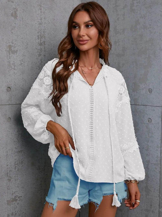 Crochet Tassel Tie Neck Long Sleeve Blouse - Byyde