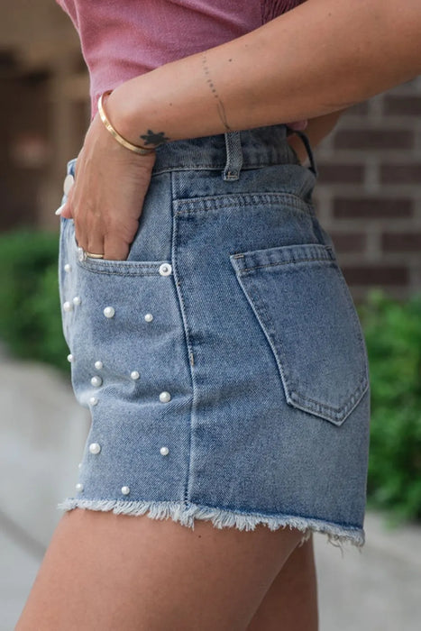 Pearl Beaded Raw Hem Wash Denim Shorts - Byyde