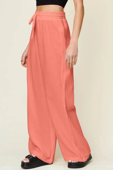 Double Take Full Size Texture Drawstring Wide Leg Pants - Byyde