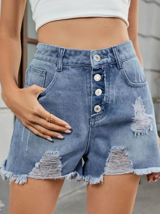 Distressed Raw Hem Denim Shorts - Byyde