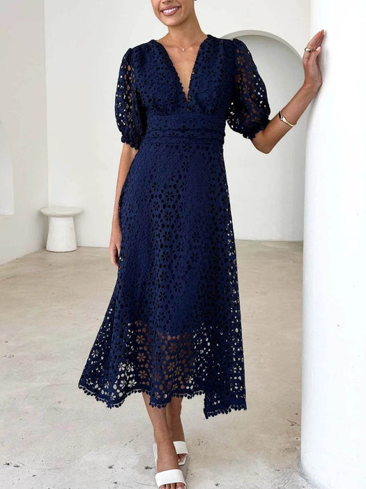 Eyelet Lace V-Neck Midi Dress with Puff Sleeves - Byyde