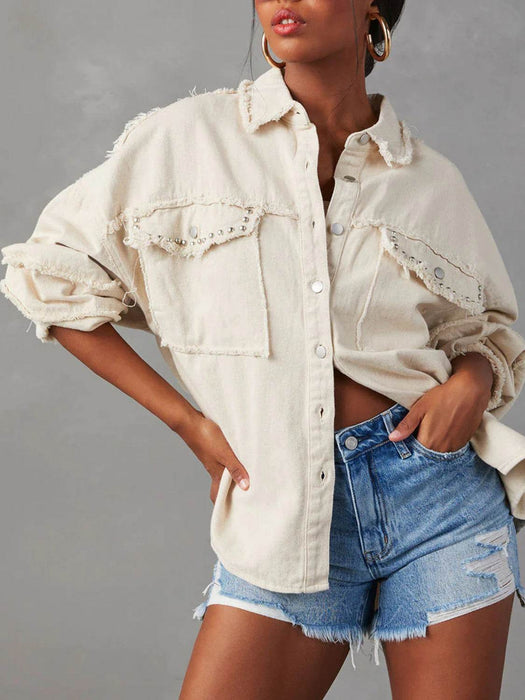 Button Down Raw Hem Denim Jacket - Byyde