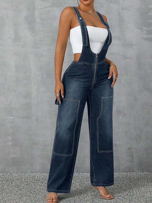Zip Front Wide Strap Denim Overalls - Byyde