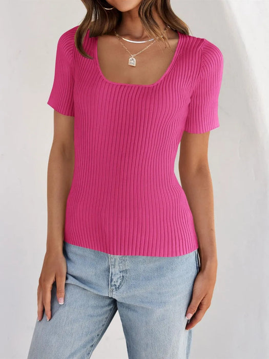 Ribbed Square Neck Short Sleeve Knit Top - Byyde