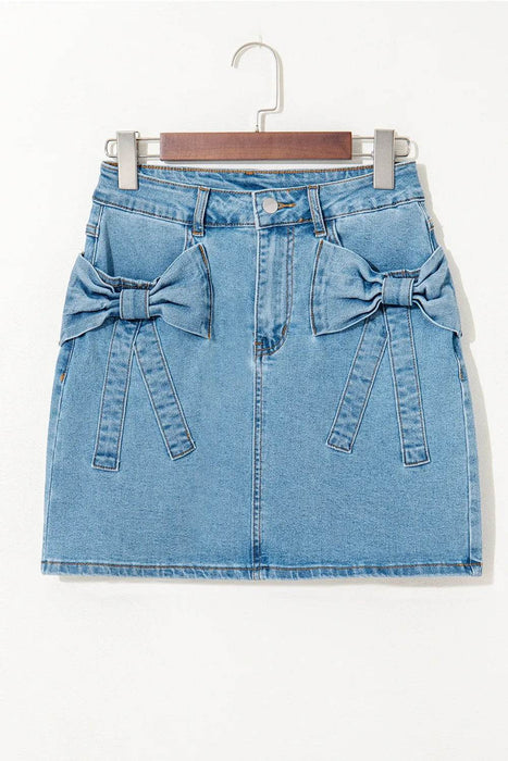 Acid Wash Bowknot Details High Waist Denim Skirt - Byyde