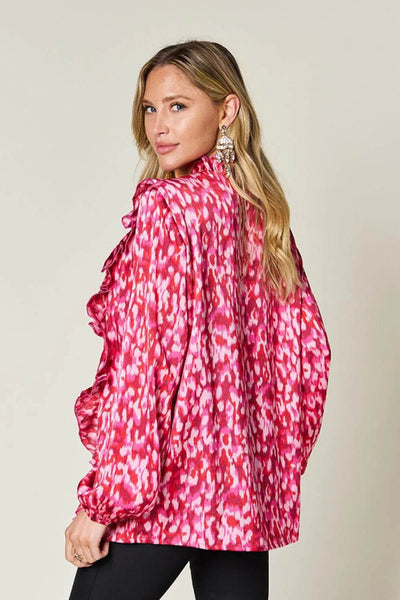 Double Take Full Size Printed Ruffle Trim Balloon Sleeve Shirt - Byyde