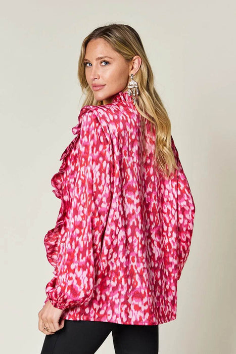 Double Take Full Size Printed Ruffle Trim Balloon Sleeve Shirt - Byyde
