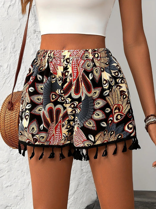 Paisley Print Tassel Hem Shorts - Byyde