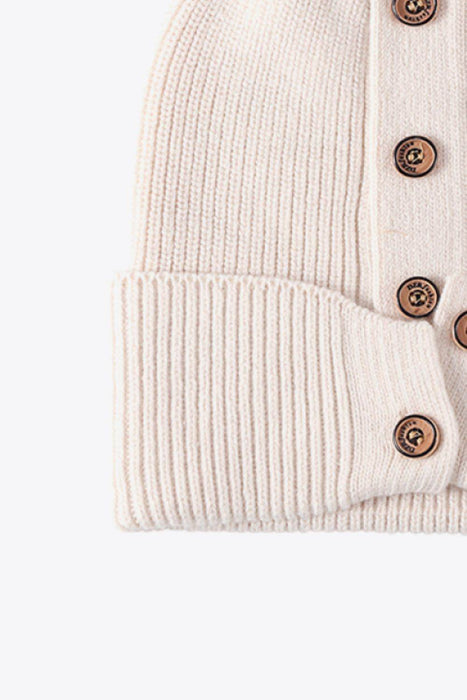 Button Detail Rib-Knit Cuff Beanie - Byyde