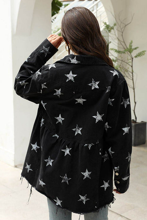 Collared Neck Star Print Long Sleeve Denim Jacket - Byyde