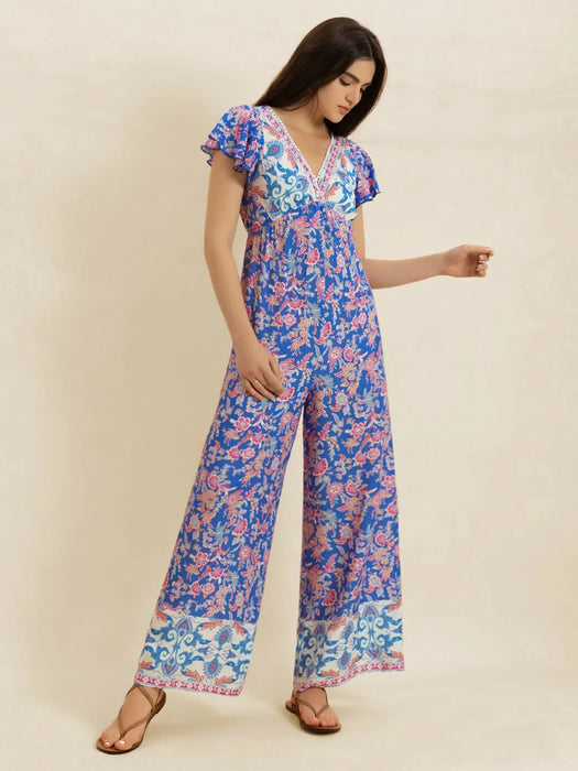 Printed V-Neck Wide Leg Jumpsuit - Byyde
