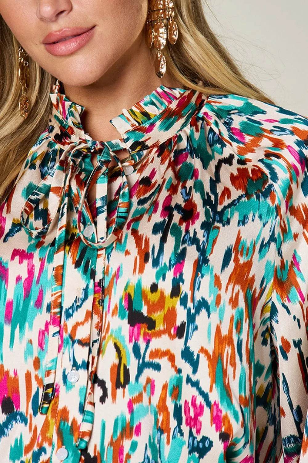 Double Take Full Size Printed Button Up Long Sleeve Shirt - Byyde