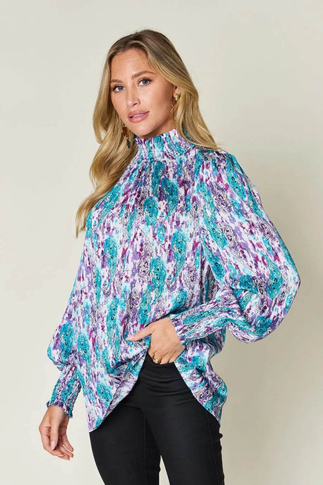 Double Take Full Size Printed Smocked Long Sleeve Blouse - Byyde
